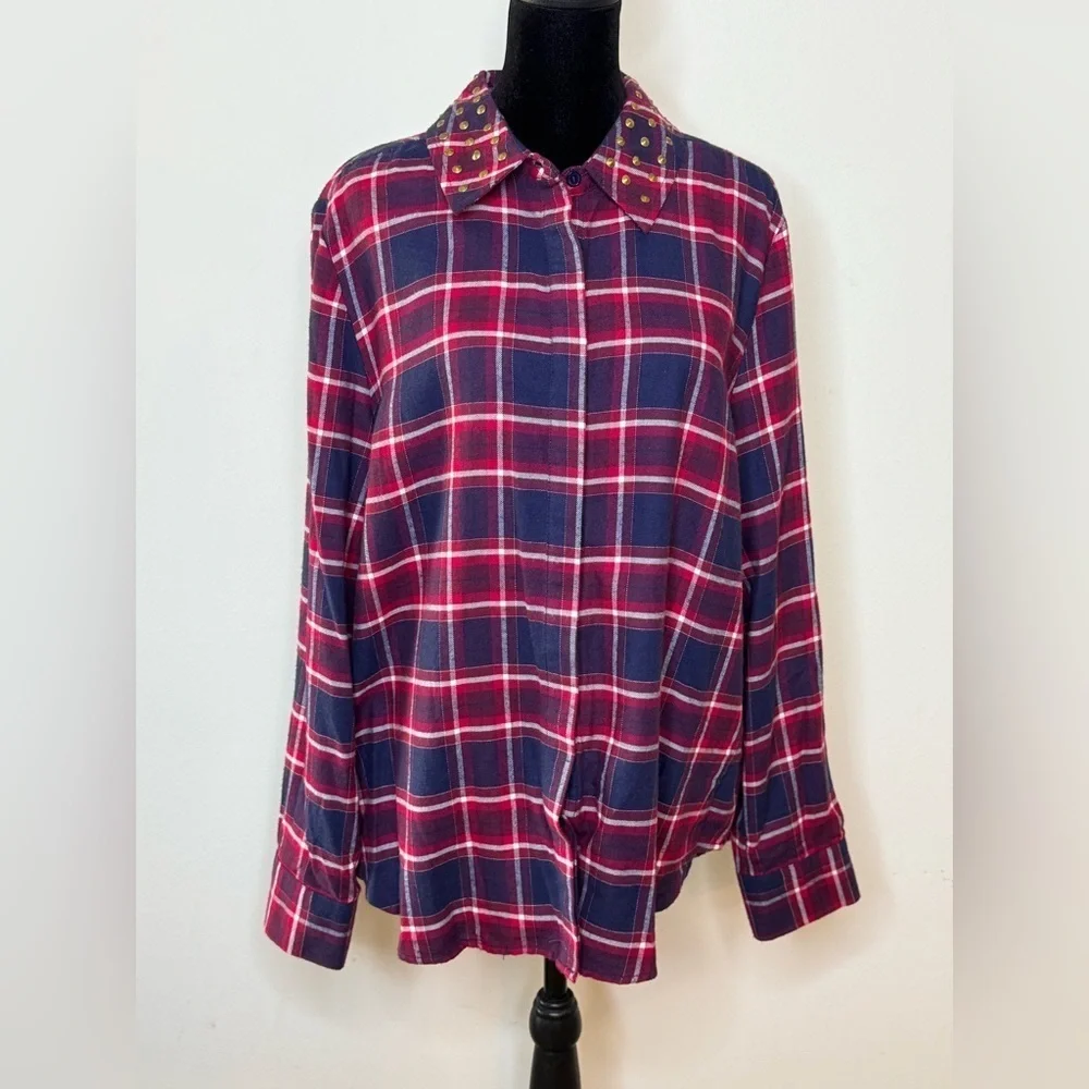Michael Kors Red & Blue soft plaid flannel shirt studded western collar XL EUC